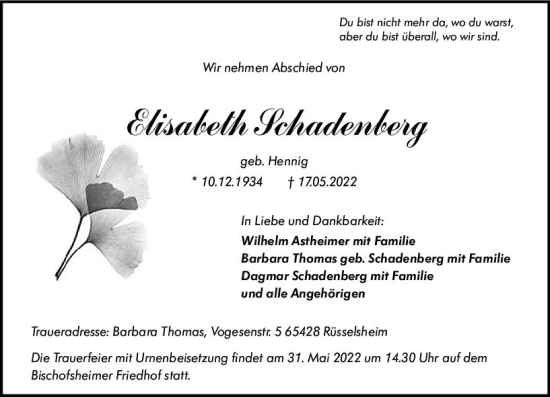 Traueranzeige von Elisabeth Schadenberg von vrm-trauer Rüsselsheimer Echo / MainSpitze