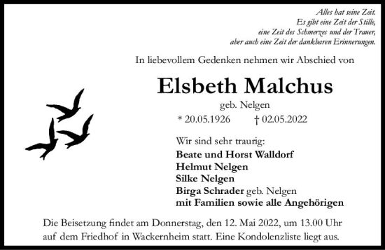 Traueranzeige von Elsbeth Malchus von vrm-trauer Allgemeine  Zeitung Ingelheim-Bingen