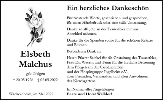 Traueranzeige von Elsbeth Malchus von vrm-trauer Allgemeine  Zeitung Ingelheim-Bingen