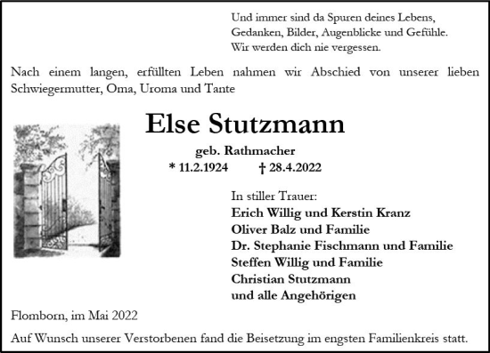 Traueranzeige von Else Stutzmann von vrm-trauer Allgemeine Zeitung Alzey