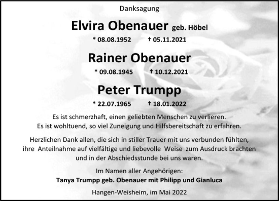 Traueranzeige von Elvira Obenauer von vrm-trauer Allgemeine Zeitung Alzey
