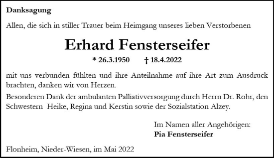 Traueranzeige von Erhard Fensterseifer von vrm-trauer Allgemeine Zeitung Alzey