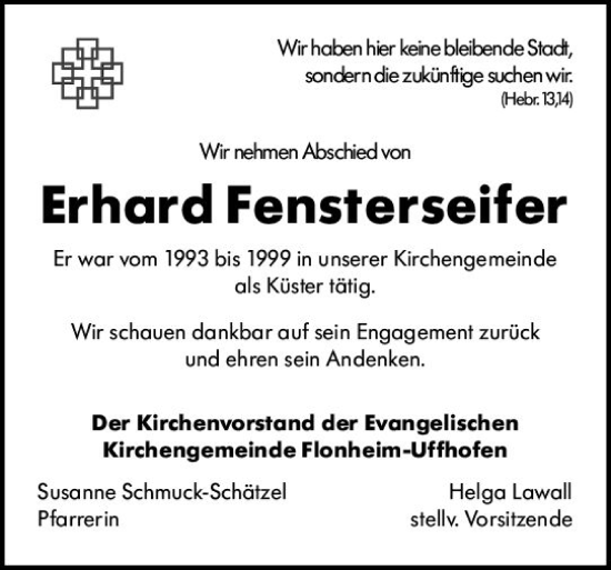 Traueranzeige von Erhard Fensterseifer von vrm-trauer Allgemeine Zeitung Alzey