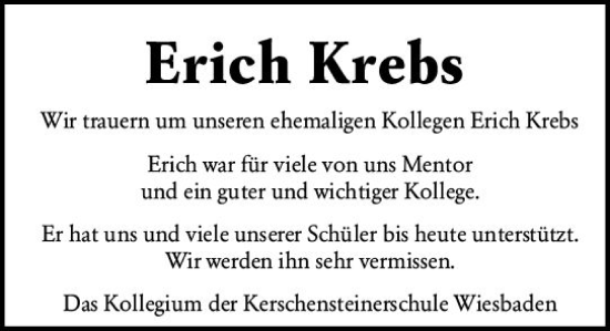 Traueranzeige von Erich Krebs von vrm-trauer Wiesbadener Kurier