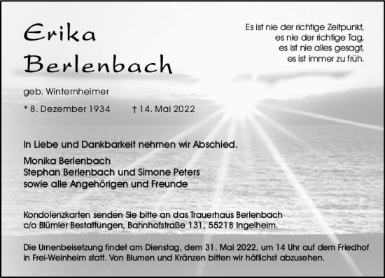 Traueranzeige von Erika Berlenbach von vrm-trauer Allgemeine  Zeitung Ingelheim-Bingen