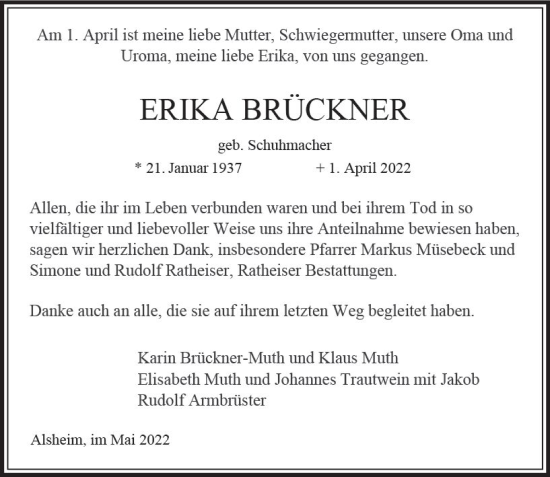 Traueranzeige von Erika Brückner von vrm-trauer Allgemeine Zeitung Alzey