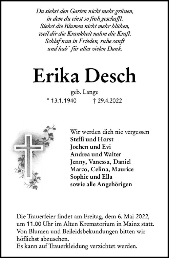Traueranzeige von Erika Desch von vrm-trauer AZ Mainz
