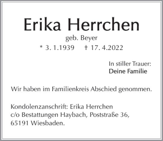 Traueranzeige von Erika Herrchen von vrm-trauer Wiesbadener Kurier