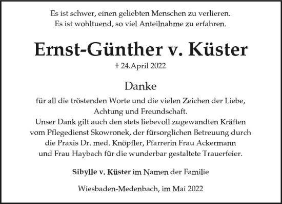 Traueranzeige von Ernst-Günther v. Küster von vrm-trauer Wiesbadener Kurier