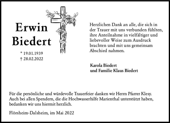 Traueranzeige von Erwin Biedert von vrm-trauer Wormser Zeitung