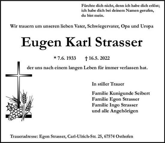 Traueranzeige von Eugen Karl Strasser von vrm-trauer Wormser Zeitung