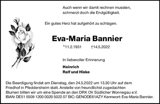 Traueranzeige von Eva-Maria Bannier von vrm-trauer Wormser Zeitung
