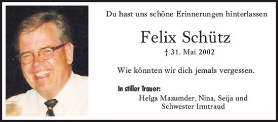 Traueranzeige von Felix Schütz von vrm-trauer AZ Mainz