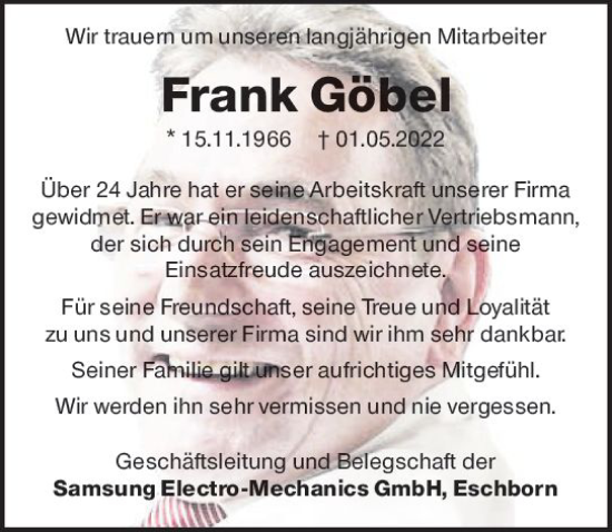 Traueranzeige von Frank Göbel von vrm-trauer Rüsselsheimer Echo / MainSpitze