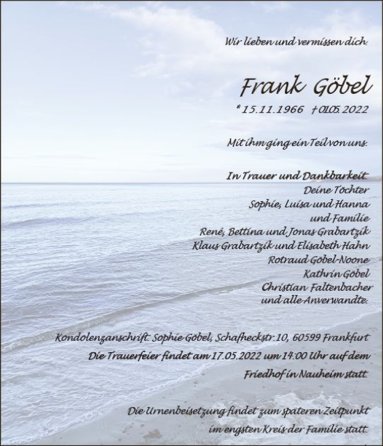 Traueranzeige von Frank Göbel von vrm-trauer Rüsselsheimer Echo / MainSpitze