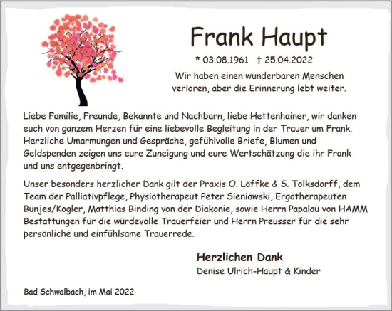 Traueranzeige von Frank Haupt von vrm-trauer WK-UTA