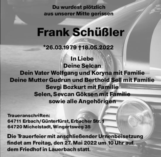 Traueranzeige von Frank Schüßler von vrm-trauer Odenwälder Echo