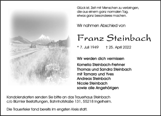 Traueranzeige von Franz Steinbach von vrm-trauer Allgemeine  Zeitung Ingelheim-Bingen