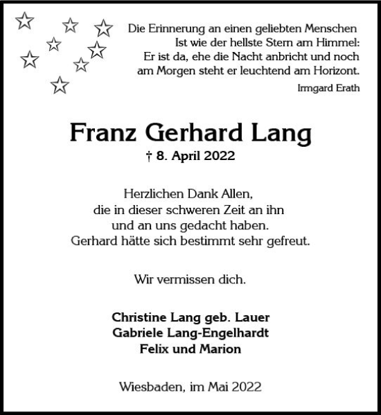 Traueranzeige von Franz Gerhard Lang von vrm-trauer Wiesbadener Kurier