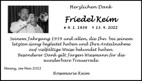 Traueranzeige von Friedel Heim von vrm-trauer AZ Mainz