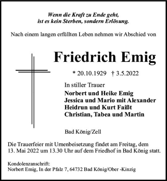Traueranzeige von Friedrich Emig von vrm-trauer Odenwälder Echo