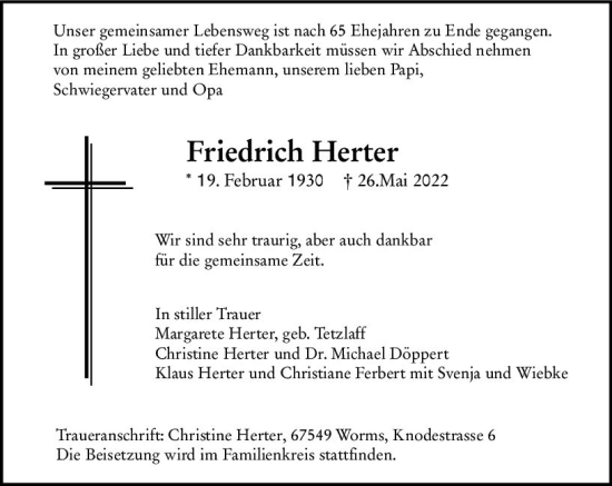 Traueranzeige von Friedrich Herter von vrm-trauer Wormser Zeitung