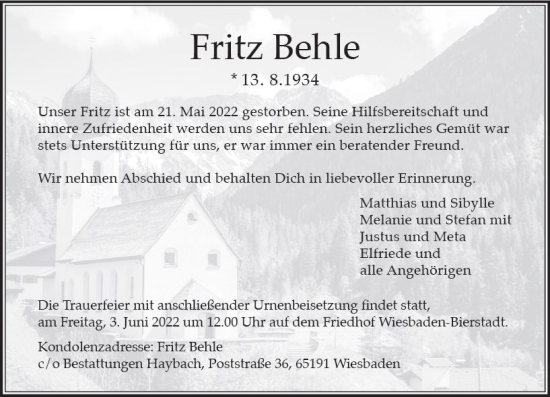 Traueranzeige von Fritz Behle von vrm-trauer Wiesbadener Kurier