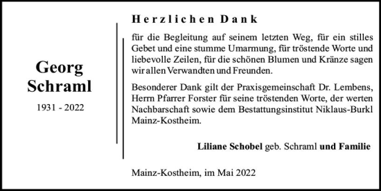Traueranzeige von Georg Schraml von vrm-trauer AZ Mainz