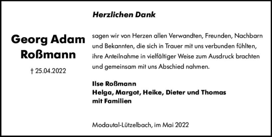 Traueranzeige von Georg Adam Roßmann von vrm-trauer Bergsträßer Anzeiger