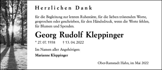 Traueranzeige von Georg Rudolf Kleppinger von vrm-trauer Darmstädter Echo