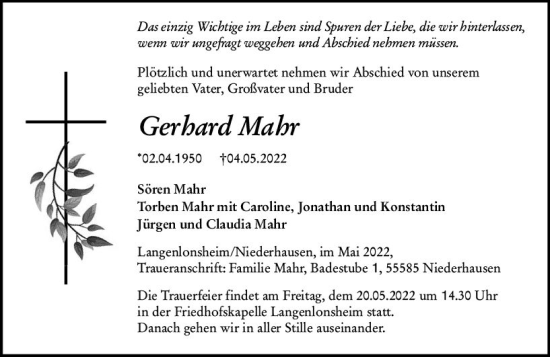 Traueranzeige von Gerhard Mahr von vrm-trauer Allg. Zeitung Bad Kreuznach