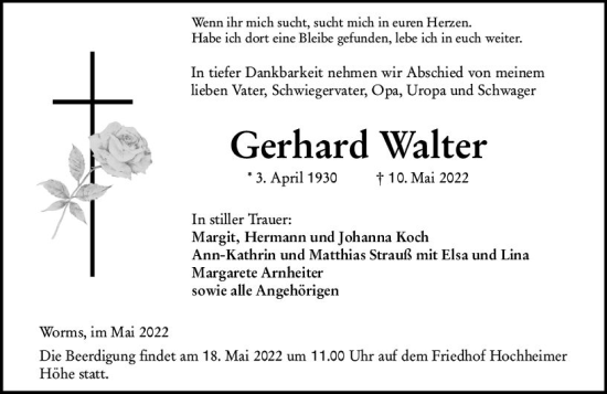 Traueranzeige von Gerhard Walter von vrm-trauer Wormser Zeitung