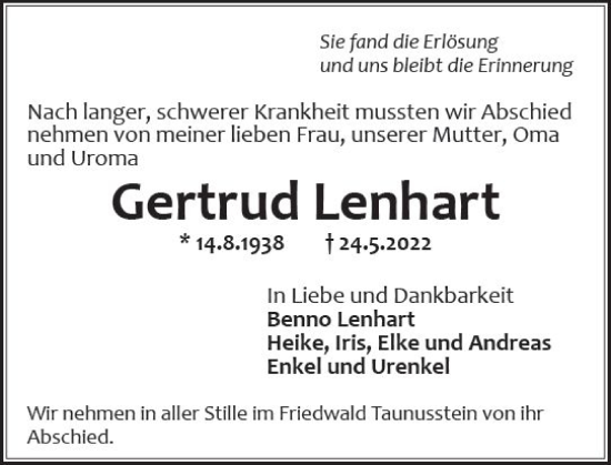 Traueranzeige von Gertrud Lenhart von vrm-trauer Wiesbadener Kurier