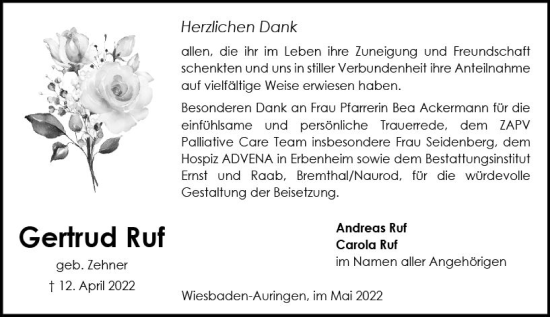 Traueranzeige von Gertrud Ruf von vrm-trauer Wiesbadener Kurier