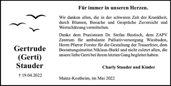 Traueranzeige von Gertrude Stauder von vrm-trauer AZ Mainz