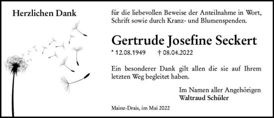 Traueranzeige von Gertrude Josefine Seckert von vrm-trauer AZ Mainz