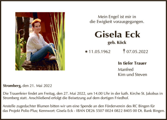 Traueranzeige von Gisela Eck von vrm-trauer Allgemeine  Zeitung Ingelheim-Bingen