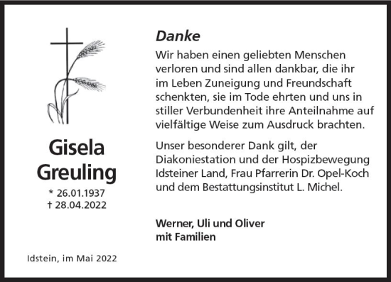 Traueranzeige von Gisela Greuling von vrm-trauer Idsteiner Zeitung
