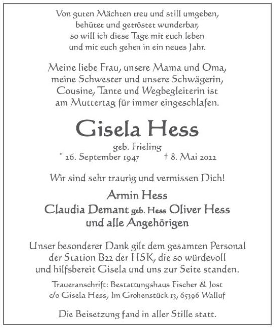 Traueranzeige von Gisela Hess von vrm-trauer Wiesbadener Kurier