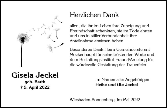 Traueranzeige von Gisela Jeckel von vrm-trauer Wiesbadener Kurier