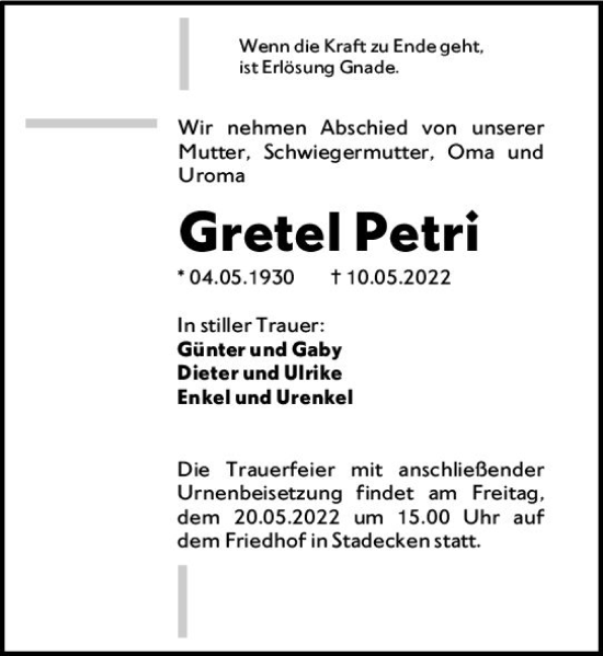 Traueranzeige von Gretel Petri von vrm-trauer AZ Mainz