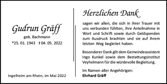 Traueranzeige von Gudrun Gräff von vrm-trauer Allgemeine  Zeitung Ingelheim-Bingen