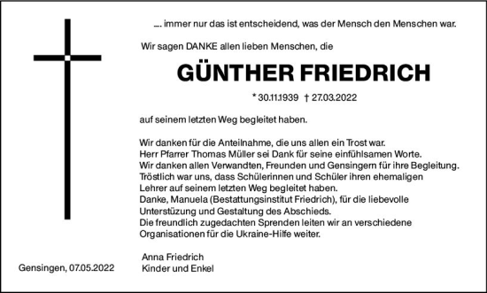 Traueranzeige von Günther Friedrich von vrm-trauer Allgemeine  Zeitung Ingelheim-Bingen