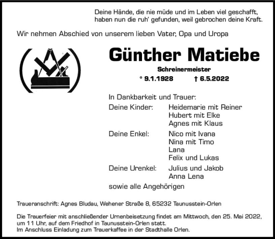 Traueranzeige von Günther Matiebe von vrm-trauer Wiesbadener Kurier