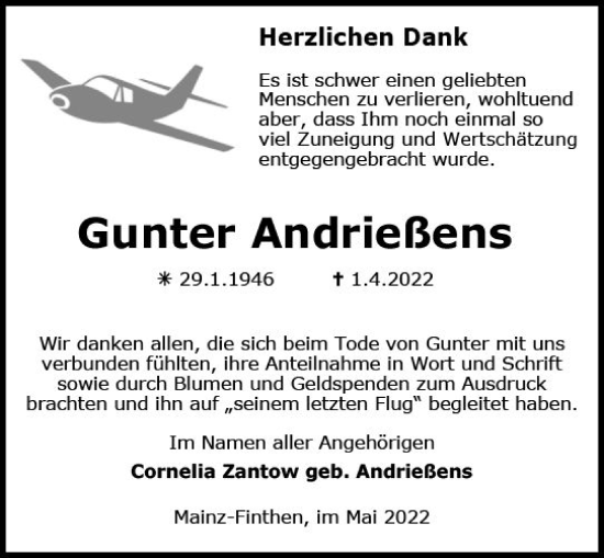 Traueranzeige von Gunter Andrießens von vrm-trauer AZ Mainz
