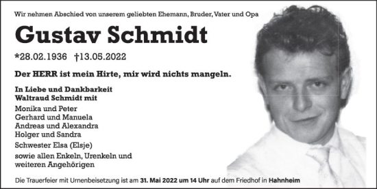 Traueranzeige von Gustav Schmidt von vrm-trauer AZ Mainz