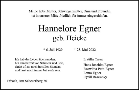 Traueranzeige von Hannelore Egner von vrm-trauer Odenwälder Echo