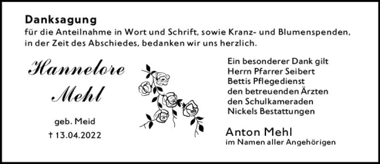 Traueranzeige von Hannelore Mehl von vrm-trauer Darmstädter Echo