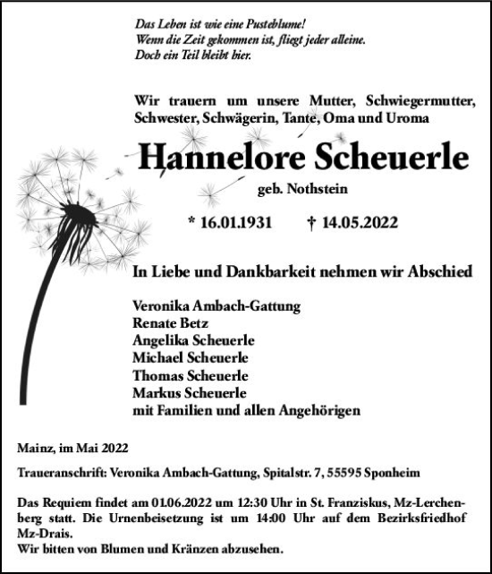 Traueranzeige von Hannelore Scheuerle von vrm-trauer AZ Mainz