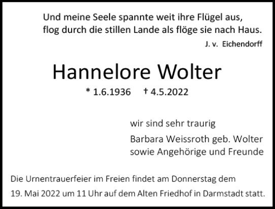 Traueranzeige von Hannelore Wolter von vrm-trauer Darmstädter Echo